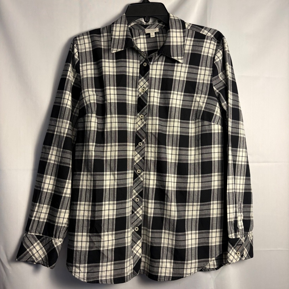 Talbots Womens Medium Black White Plaid Cotton Long Sleeve Button Down Shirt